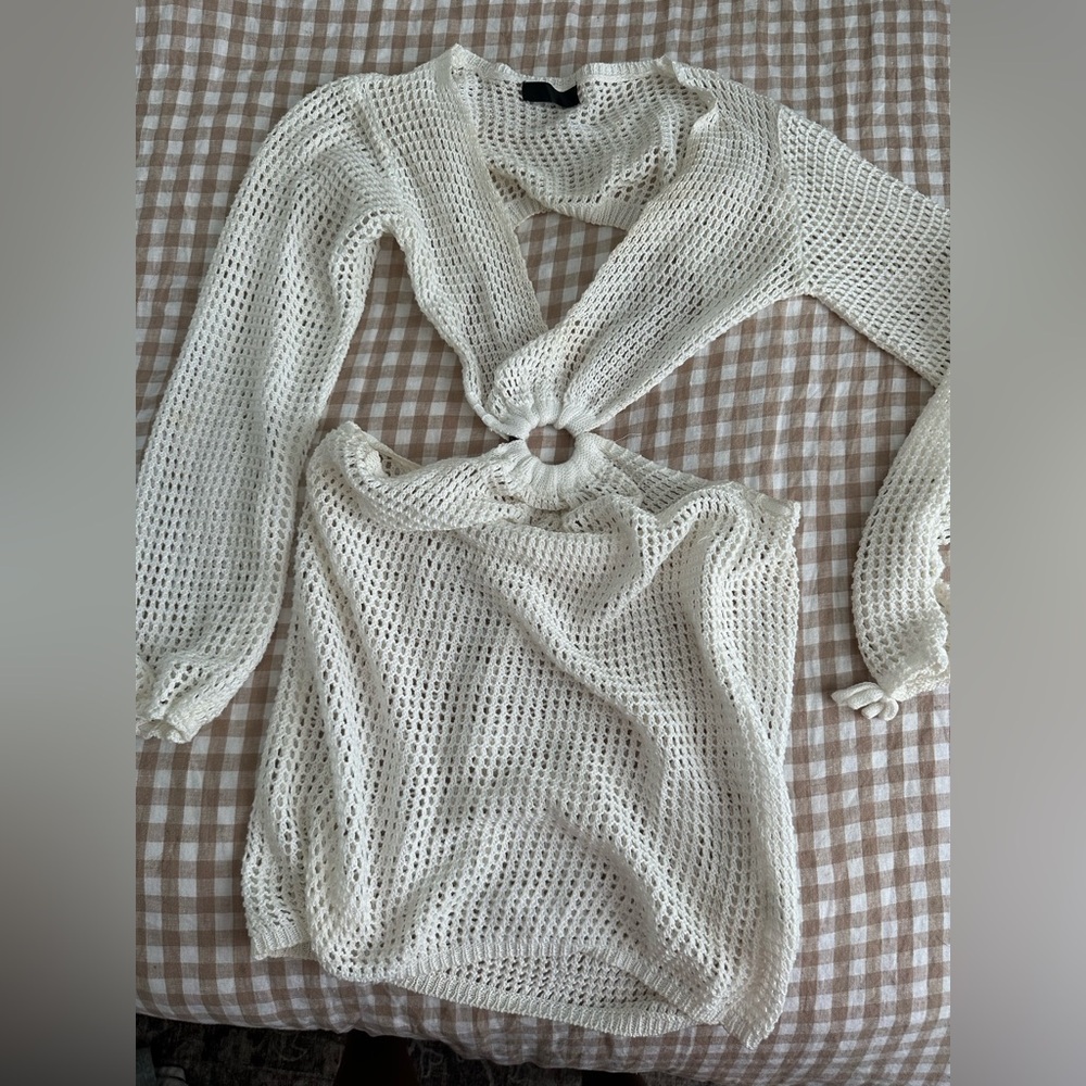 White Knit Long Sleeve Swim Coverup Dress